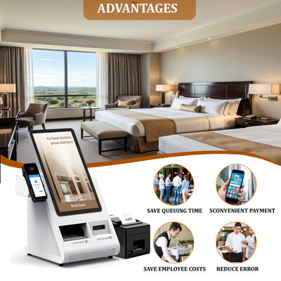 Android POS Self Check-in Kiosk พร้อมเครื่องสแกนหนังสือเดินทางและเครื่องแจกบัตรสําหรับโรงแรม