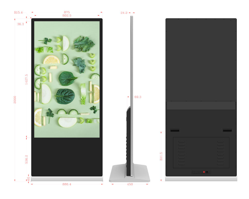 จอสัมผัส 65 นิ้ว จอป้ายดิจิตอล พร้อมแสงสว่างสูง LCD โฆษณาพื้นยืน Kiosk
