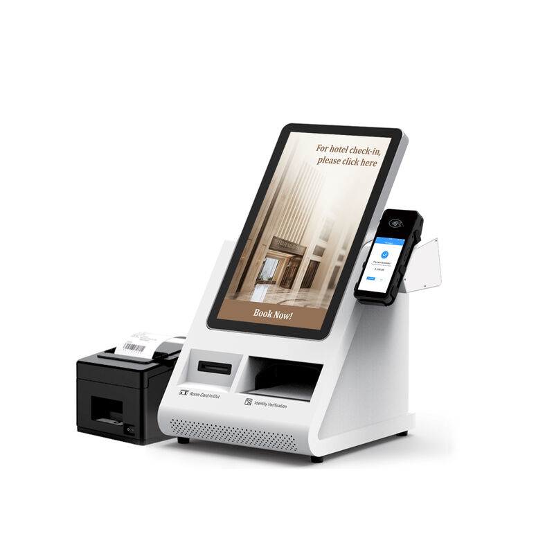 Android POS Self Check-in Kiosk พร้อมเครื่องสแกนหนังสือเดินทางและเครื่องแจกบัตรสําหรับโรงแรม